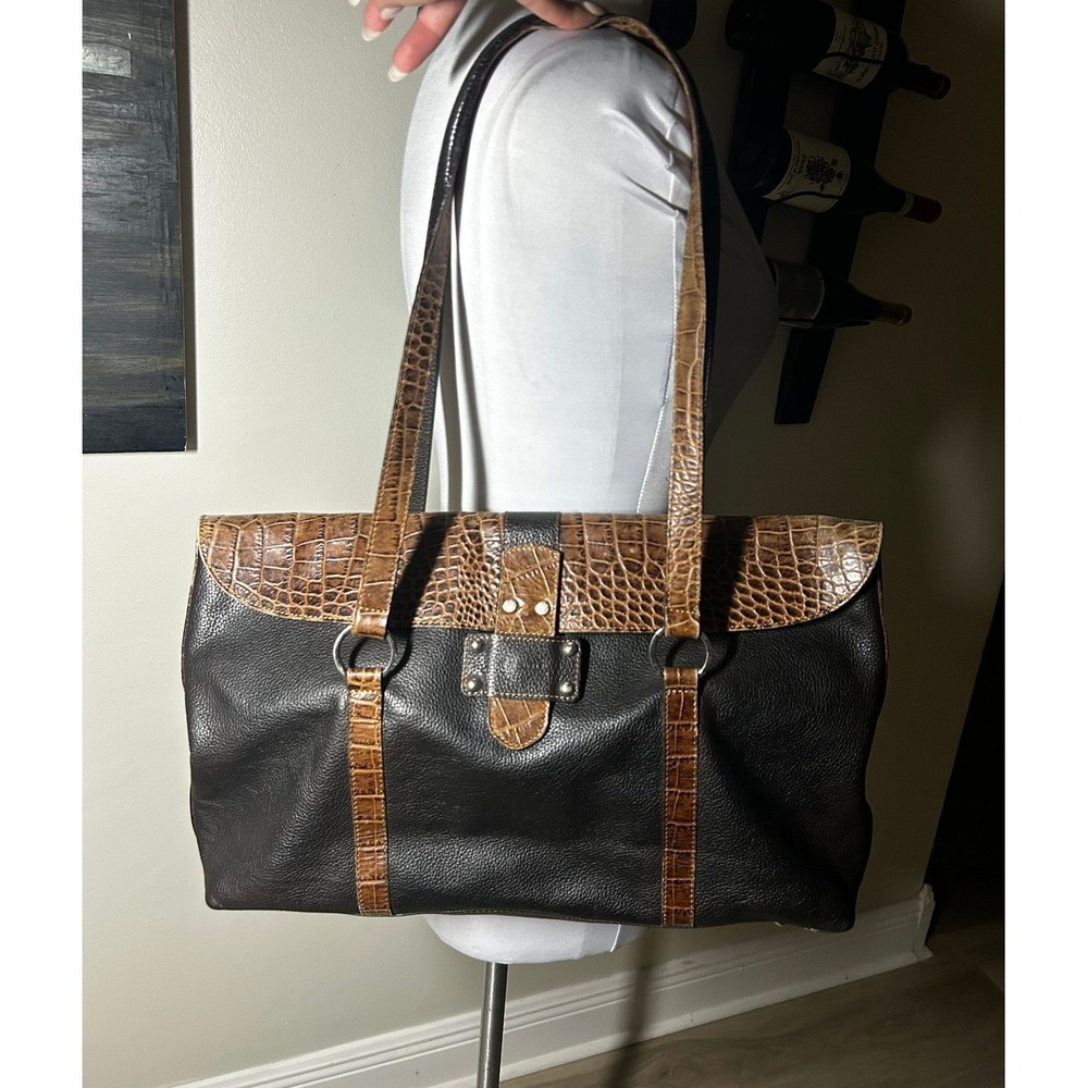 I Santi Italy Black Brown Leather Croc Embossed Trim Shoulder Bag Tote